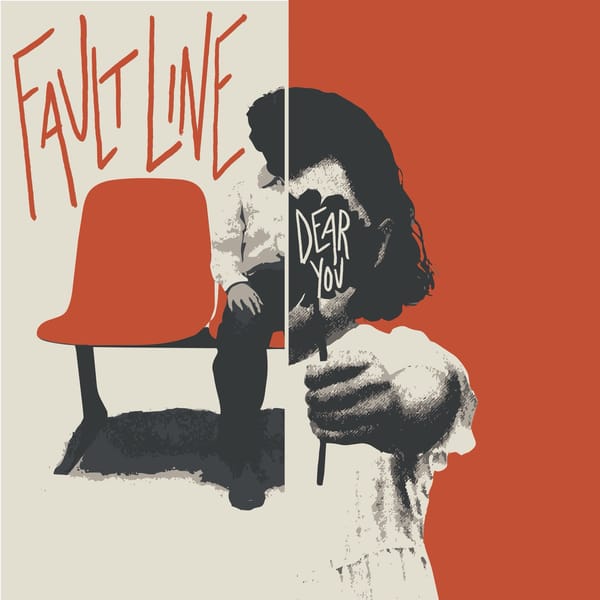 fault line cover: a split image of a person on a rust chair